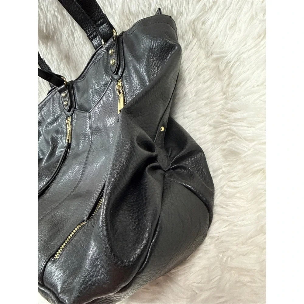 Juicy Couture Style‎ Black Faux Leather Tote Large Gold Zipper Shoulder Bag